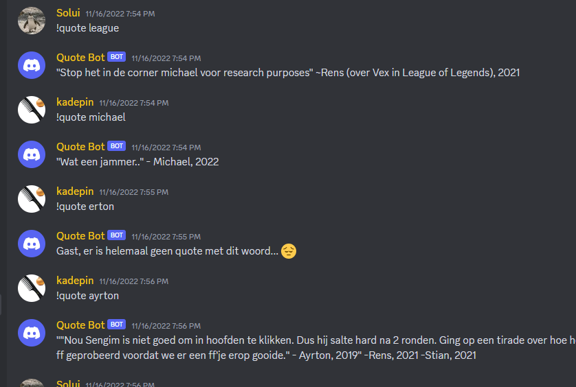 Image showcasing several instances of the discord quotes bot being called in a chat and responding.